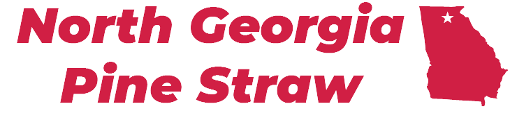 "North Georgia Pine Straw" lettering beside an outline of the state of Georgia with a star punch-out in the north